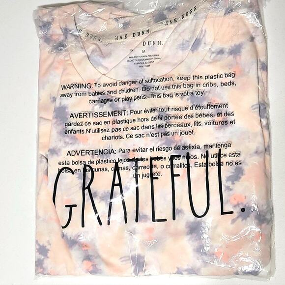 Rae Dunn Tie-dye T-Shirt GRATEFUL Sz Medium Short Sleeve Peach Gray Graphic - Picture 3 of 7